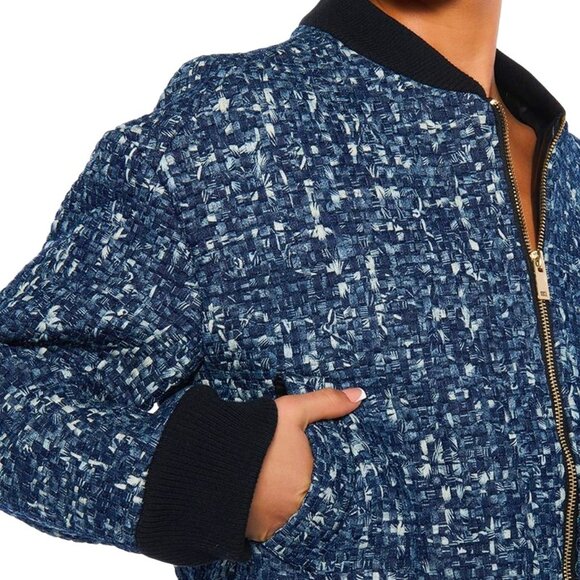 Callie Lives Miz Micro Denim Blue Pixel Weave Akira Bomber Jacket Coat SMALL - Picture 6 of 7